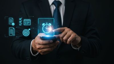 Geschäftsmann bedient ein Smartphone, über dem digitale Symbole für Zeitmanagement, Aufgabenplanung und Effizienz im IT-Projektmanagement schweben. 