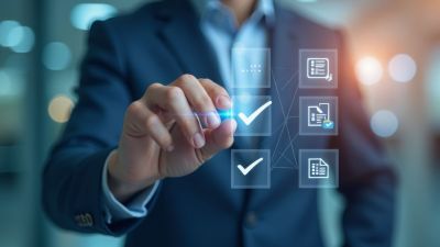 Geschäftsmann tippt auf digitale Checkliste mit Häkchen-Symbolen: Symbolbild für Qualitätsmanagement und Prozesskontrolle. 