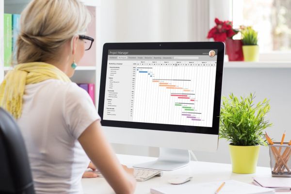 Projektassistenz bei der Arbeit mit Gantt Diagramm zur Organisation von Zeitplänen Aufgaben und Projektfortschritt. 