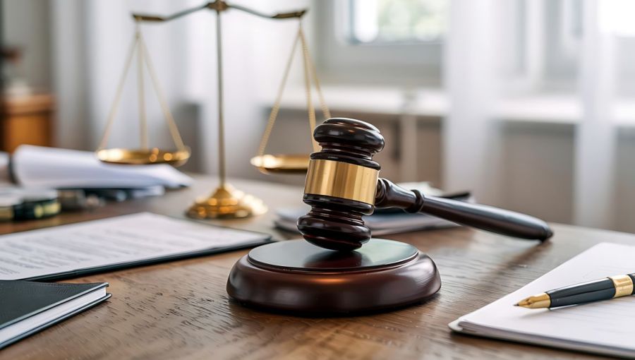 Richterhammer und Waage neben juristischen Dokumenten auf einem Schreibtisch.