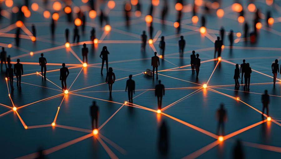 Visualisierung eines digitalen Netzwerks mit verknüpften Personen, die moderne IT-Ressourcen- und Teamstrukturen symbolisieren.