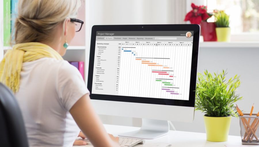Projektassistenz bei der Arbeit mit Gantt Diagramm zur Organisation von Zeitplänen Aufgaben und Projektfortschritt. 